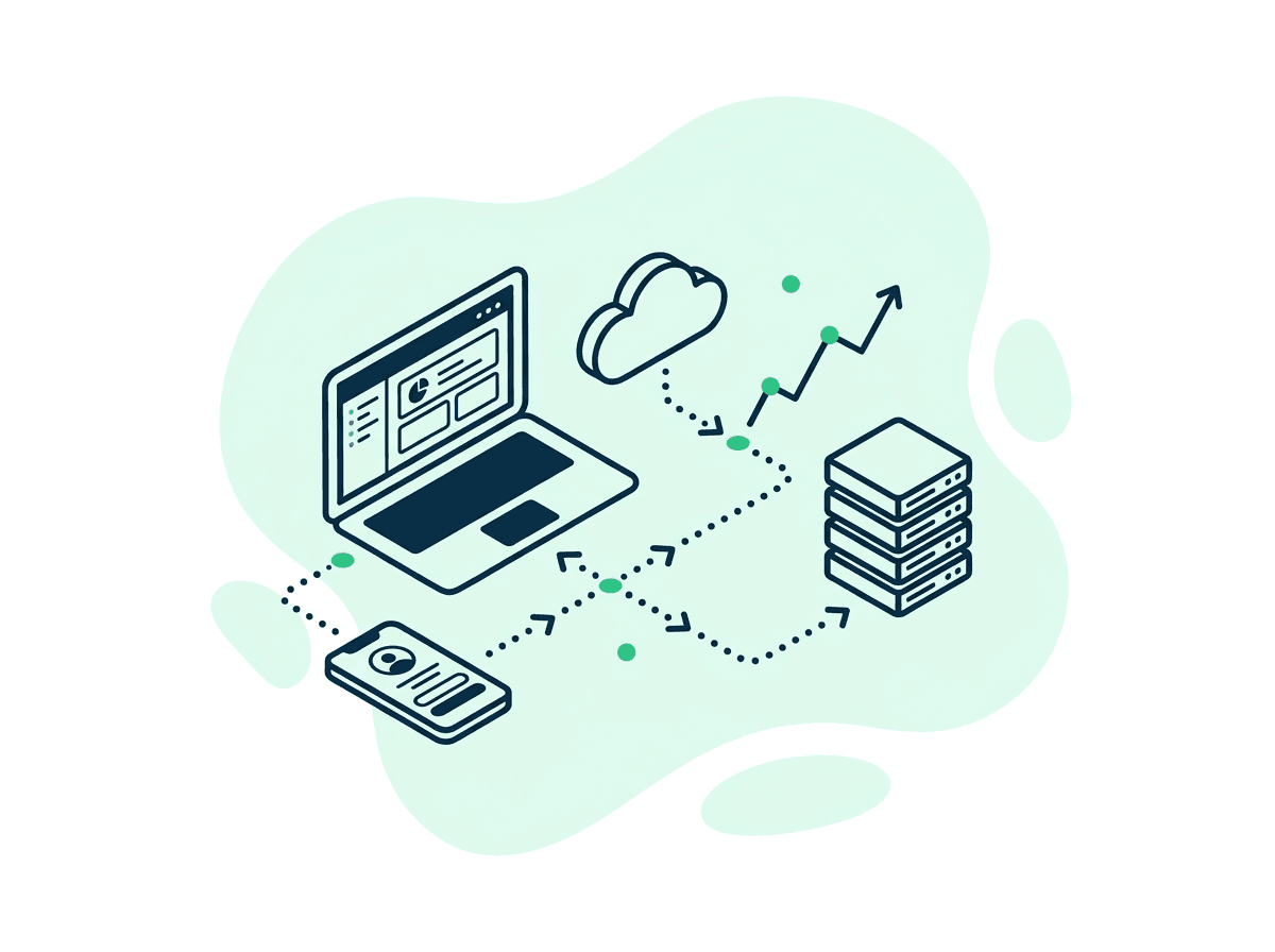 Isometric illustration of a laptop, phone, cloud, and server connected together, representing custom software built at scale